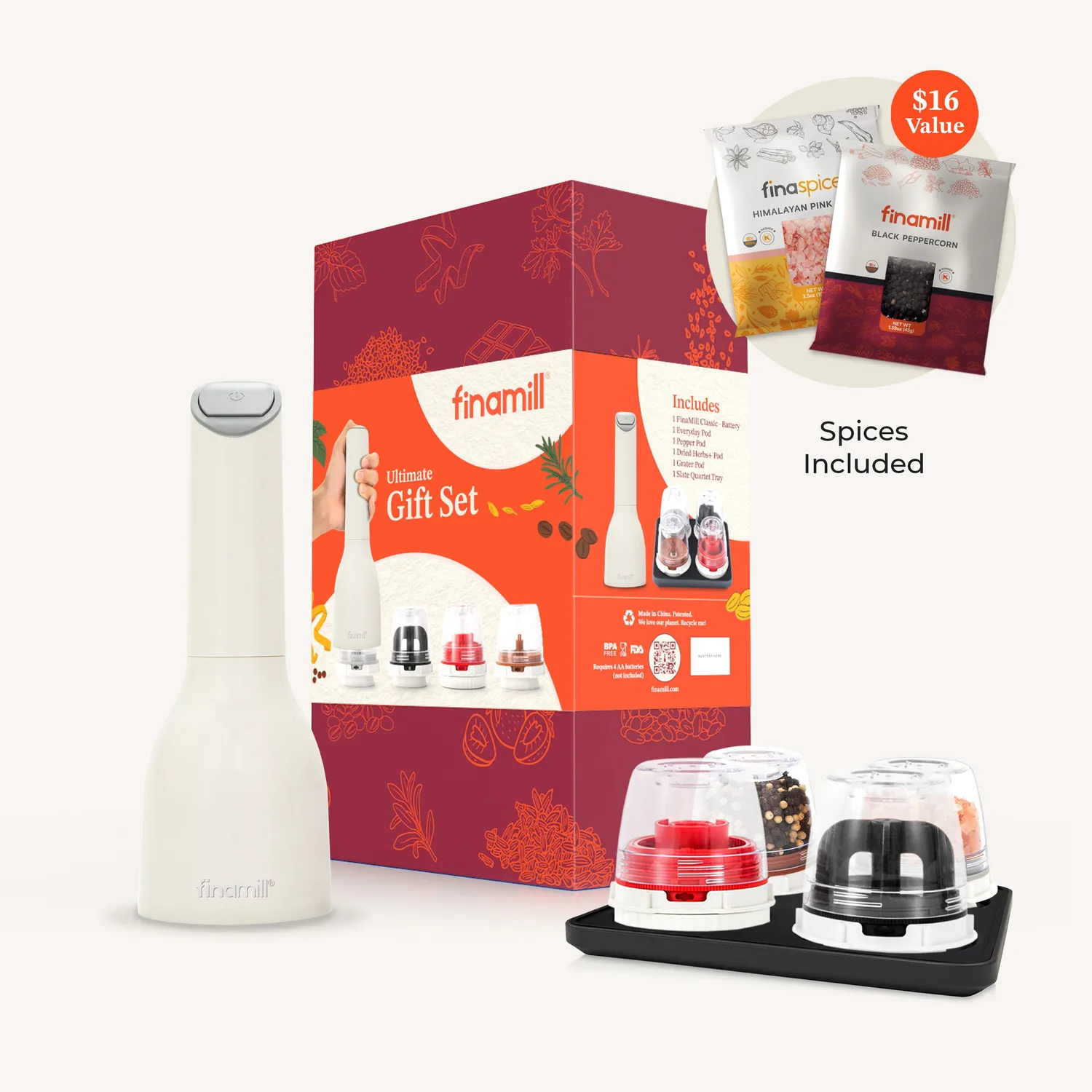 FinaMill Classic Battery krydderkvern gavesett Sangria