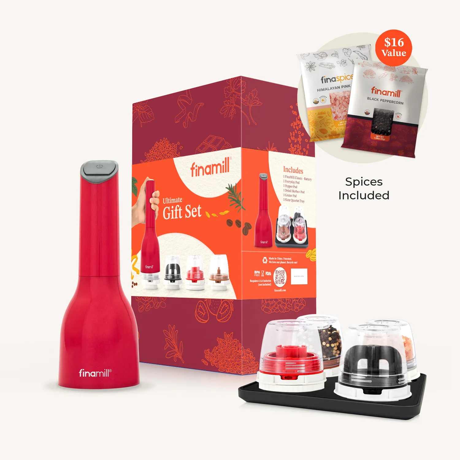 FinaMill Classic Battery krydderkvern gavesett Sangria